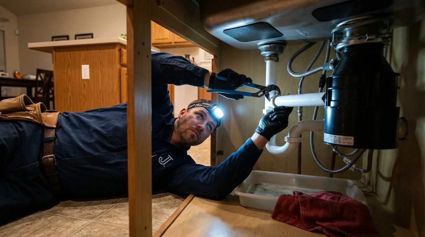 P-trap and supply line connections under a kitchen sink showing a common leak point in Belmont, NC